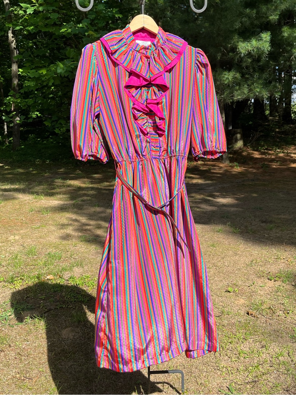 70s Sears Colorful Striped Circus Clown Ruffle Collar Midi Dress Size 14 Retro - Picture 16 of 16